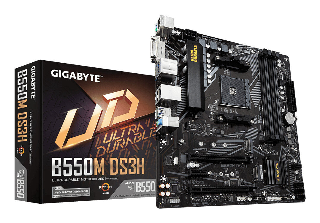 GIGABYTE B550M DS3H Carte mère - Processeurs AMD Ryzen 5000, VRM 5+3 phases, jusqu'à 4733 MHz DDR4, 1xPCIe 4.0 + 1xPCIe 3.0 M.2, LAN 1GbE, USB 3.2 Gen 1