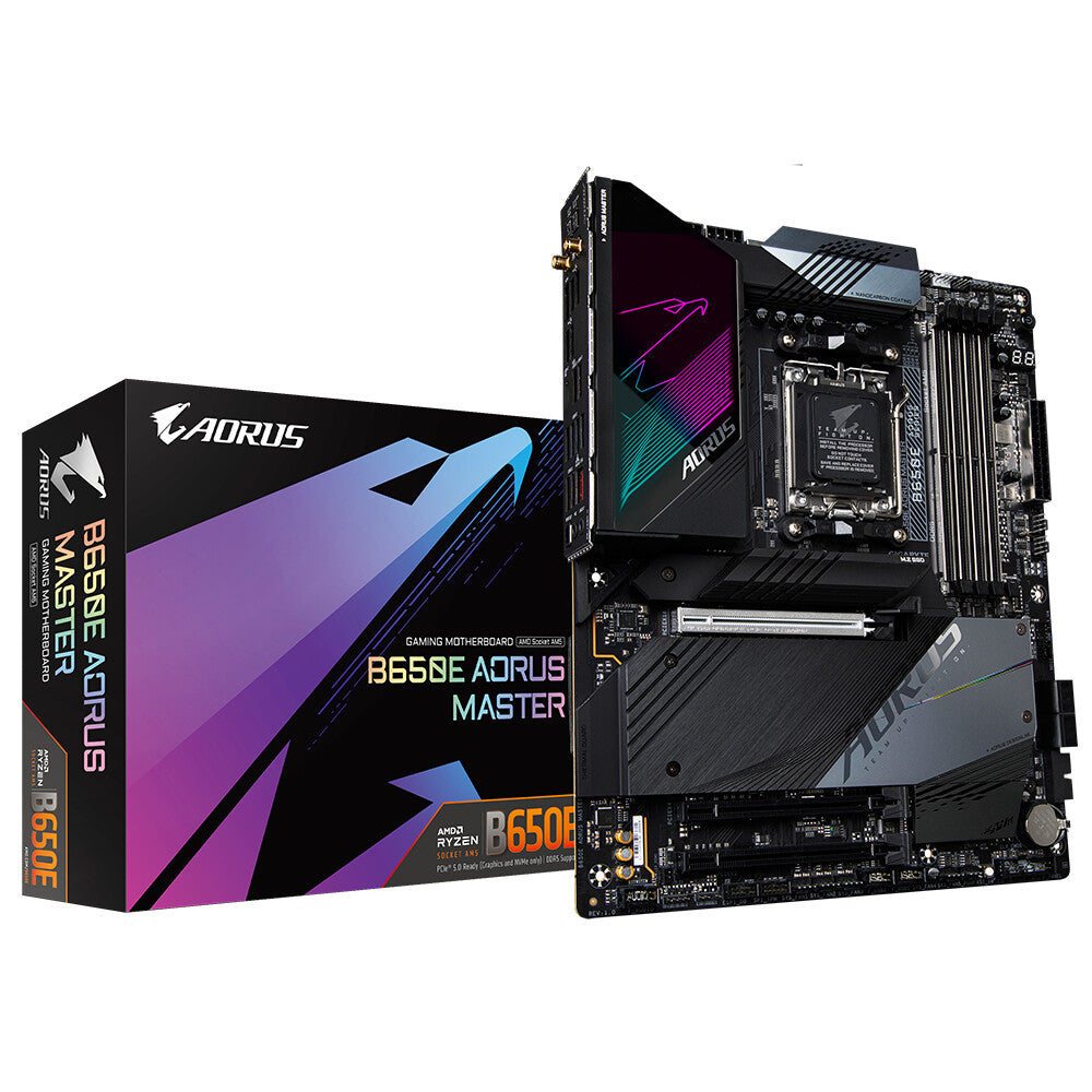 GIGABYTE B650E AORUS MASTER Carte Mère - Compatible avec les processeurs AMD Ryzen 9000, VRM numérique 16+2+2, jusqu'à 8000MHz DDR5 (OC), 4x PCIe 5.0 M2, Wi-Fi 6E, LAN 2.5GbE, USB 3.2 Gen 2x2