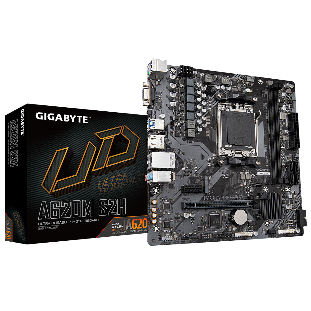 GIGABYTE A620M S2H Carte Mère - Prend en charge les processeurs AMD Ryzen 8000, VRM numérique 5+2+2 phases, jusqu'à 7200MHz DDR5 (OC), 1xPCIe 4.0 M.2, LAN GbE, USB 3.2 Gen 1