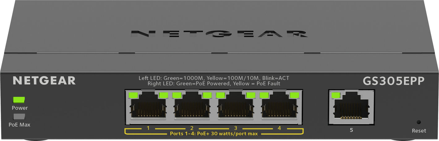 NETGEAR 5-Port Gigabit Ethernet High-Power PoE+ Plus Switch (GS305EPP) Géré L2/L3 Gigabit Ethernet (10/100/1000) Connexion Ethernet, supportant l'alimentation via ce port (PoE) Noir