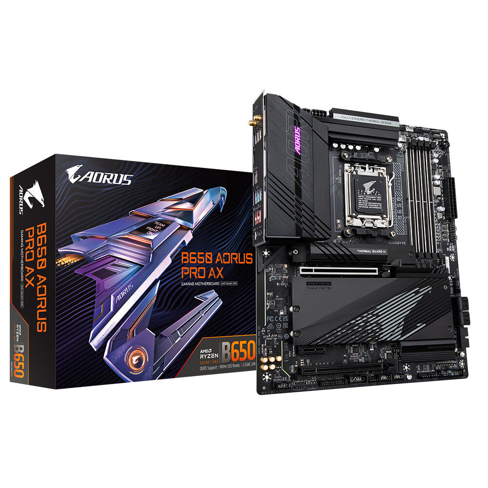 GIGABYTE B650 AORUS PRO AX Carte mère - Compatible avec les processeurs AMD Ryzen 9000, VRM numérique 16+2+1 phases, jusqu'à 8000 MHz DDR5 (OC), 1xPCIe 5.0 + 2xPCIe 4.0 M.2, Wi-Fi 6E, LAN 2.5GbE, USB 3.2 Gen 2x2