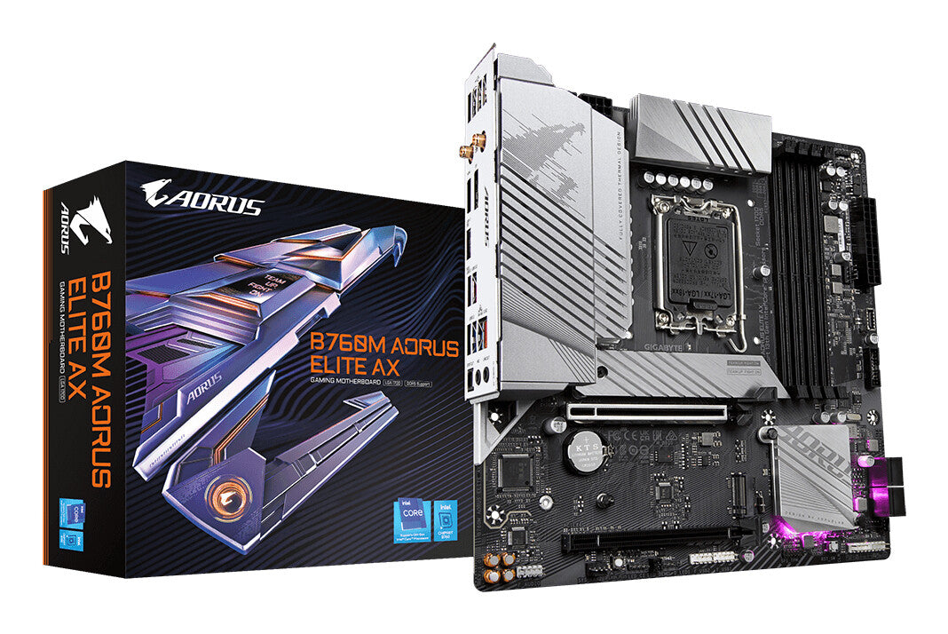 GIGABYTE B760M AORUS ELITE AX Carte Mère - Compatible avec les processeurs Intel Core 14e génération, VRM numérique 12*+1+1 phases, jusqu'à 7800MHz DDR5 (OC), 2x PCIe 4.0 M.2, Wi-Fi 6E, 2.5GbE LAN, USB 3.2 Gen 2