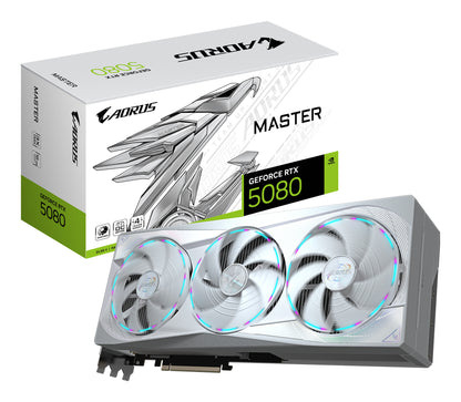GIGABYTE AORUS GeForce RTX 5080 MASTER ICE 16G Carte Graphique - 16 Go GDDR7, 256 bits, PCI-E 5.0, 2805MHz Core Clock, 3 x DP 2.1a, 1 x HDMI 2.1b, NVIDIA DLSS 4, GV-N5080AORUSM ICE-16GD