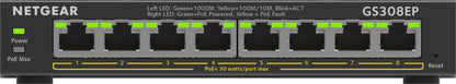 NETGEAR 8-Port Gigabit Ethernet PoE+ Plus Switch (GS308EP) Géré L2/L3 Gigabit Ethernet (10/100/1000) Connexion Ethernet, supportant l'alimentation via ce port (PoE) Noir