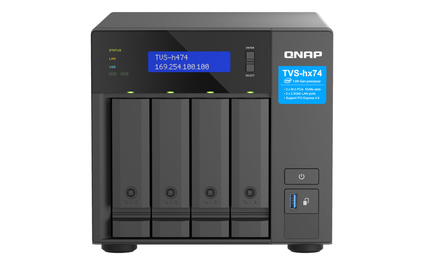 QNAP TVS-H474 NAS Tower Intel® Pentium® G7400 8 Go DDR4 0 To QuTS hero Noir