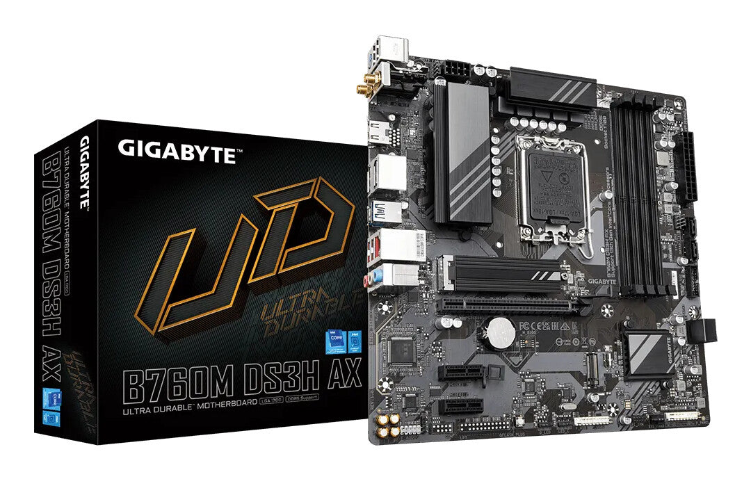 GIGABYTE B760M DS3H AX Carte Mère - Compatible avec les processeurs Intel Core 14e génération, VRM numérique 6+2+1 phases, jusqu'à 7600MHz DDR5 (OC), 2x PCIe 4.0 M.2, Wi-Fi 6E, LAN 2.5GbE, USB 3.2 Gen 2