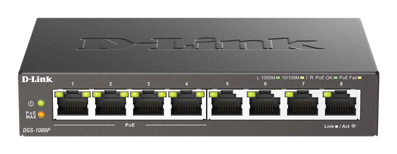 D-Link DGS-1008P/E commutateur réseau Non-géré L2 Gigabit Ethernet (10/100/1000) Connexion Ethernet, supportant l'alimentation via ce port (PoE) Bureau Noir